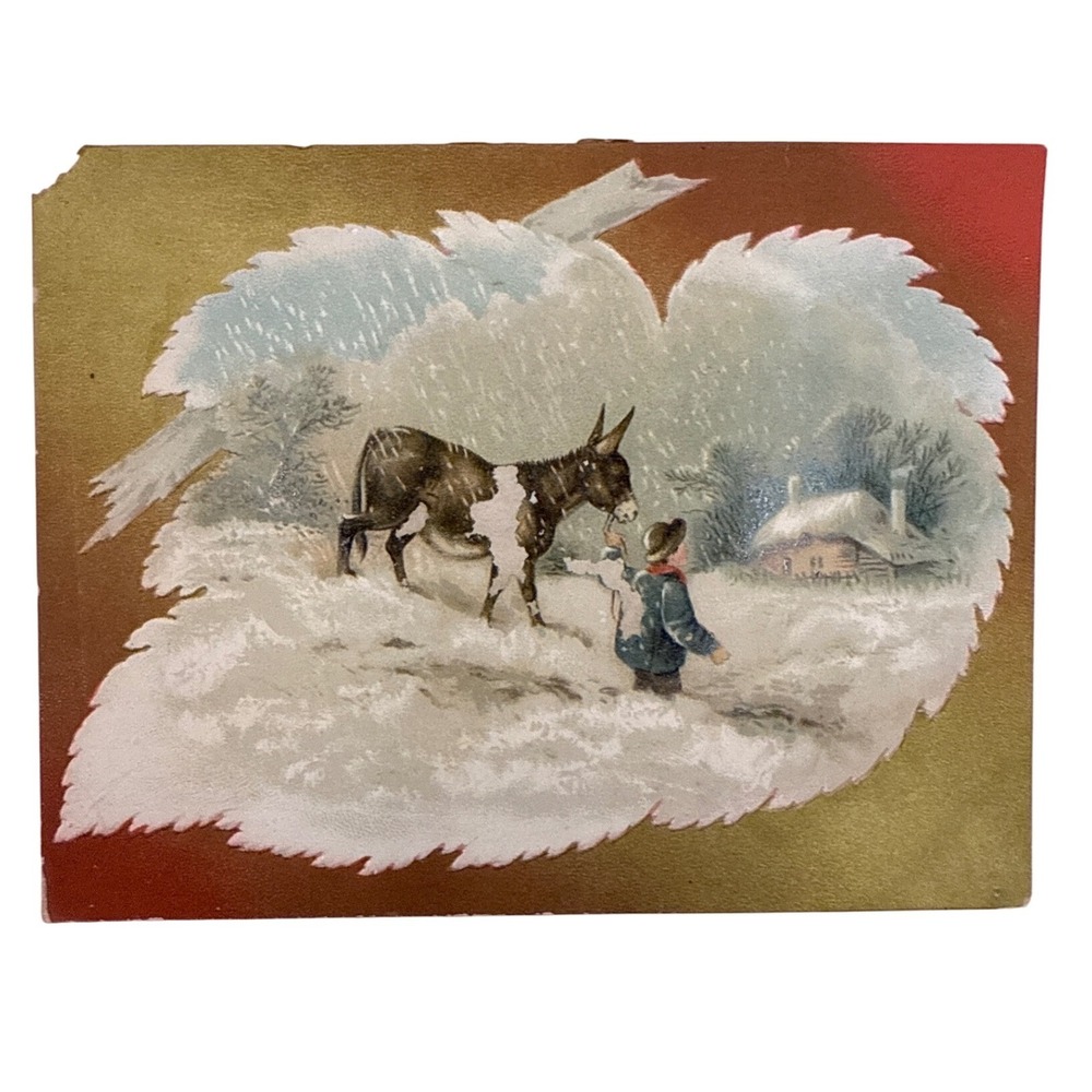 Antique Victorian‎ Christmas Card Paper Ephemera Donkey and Boy Winter Scene